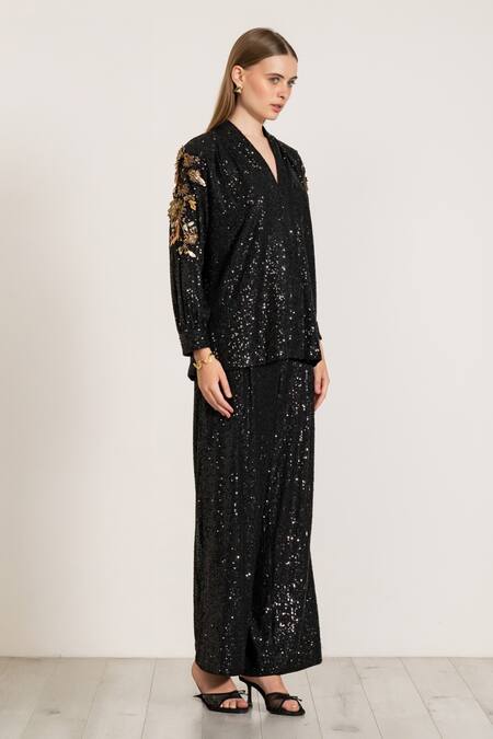 RANNA GILL_Black Polyester Sequins Velden Pant_Online_at_Aza_Fashions