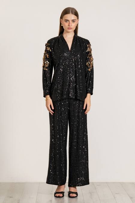 Buy_RANNA GILL_Black Polyester Sequins Velden Pant_Online_at_Aza_Fashions
