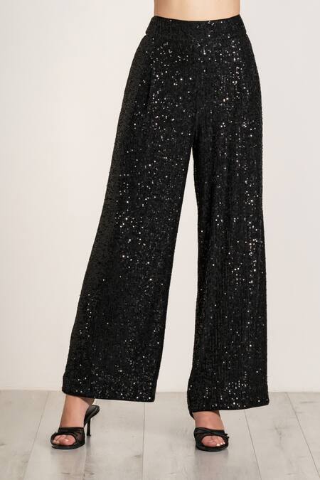 Shop_RANNA GILL_Black Polyester Sequins Velden Pant_Online_at_Aza_Fashions