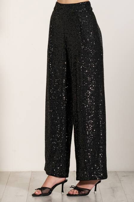 RANNA GILL_Black Polyester Sequins Velden Pant_at_Aza_Fashions