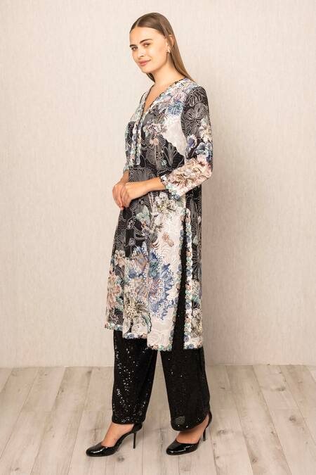 RANNA GILL_Black Georgette Sequins V-neck Iver Floral Print Tunic And Dupatta Set_Online_at_Aza_Fashions