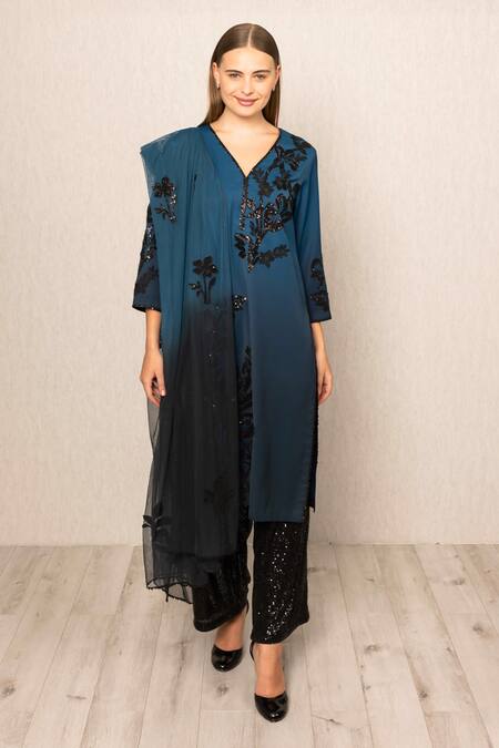 Shop_RANNA GILL_Teal Polyester Embroidery, Sequins V-neck Alira Floral Motif Tunic And Dupatta Set_Online_at_Aza_Fashions