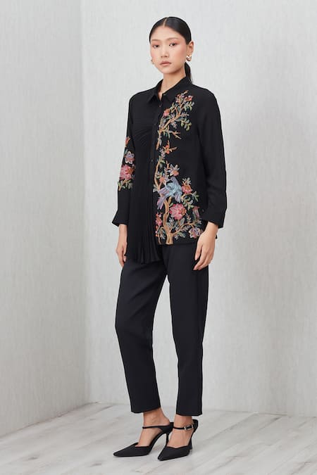 RANNA GILL_Black Georgette Embroidery Collared Ember Pleated And Top_Online_at_Aza_Fashions