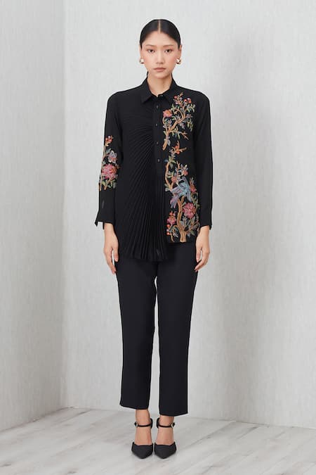 Buy_RANNA GILL_Black Georgette Embroidery Collared Ember Pleated And Top_Online_at_Aza_Fashions