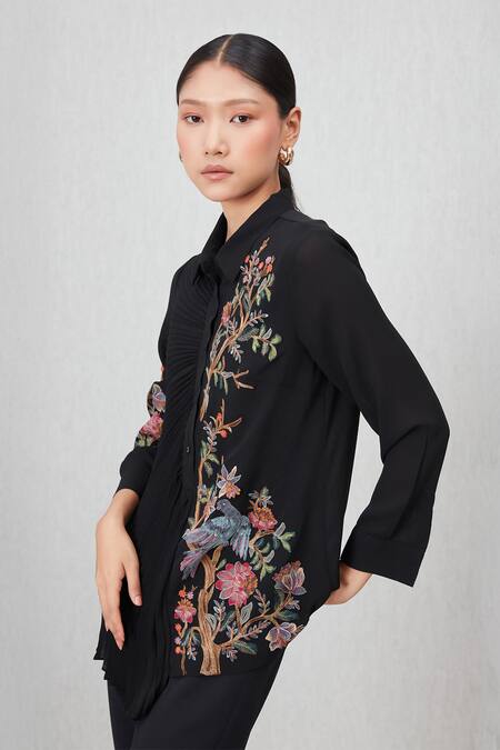 Shop_RANNA GILL_Black Georgette Embroidery Collared Ember Pleated And Top_Online_at_Aza_Fashions