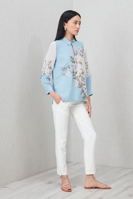 Buy_RANNA GILL_Sky Blue Georgette Embroidery, Sequins Collared, Split Florensa Floral Top_Online_at_Aza_Fashions