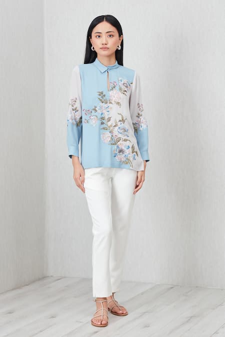 Shop_RANNA GILL_Sky Blue Georgette Embroidery, Sequins Collared, Split Florensa Floral Top_Online_at_Aza_Fashions