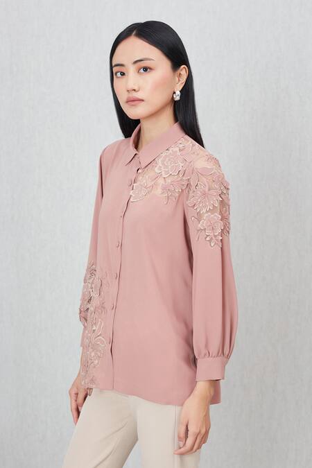 RANNA GILL_Pink Georgette Applique, Embroidery Collared Renne Top_Online_at_Aza_Fashions