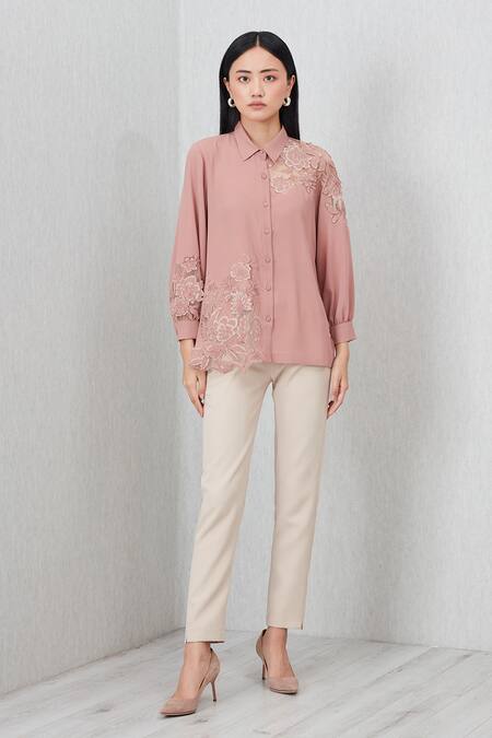 Buy_RANNA GILL_Pink Georgette Applique, Embroidery Collared Renne Top_Online_at_Aza_Fashions
