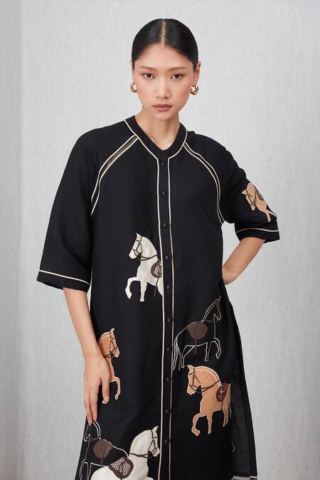Buy_RANNA GILL_Black Viscose, Linen Embroidery V-neck Giara Horse Motif Tunic_Online_at_Aza_Fashions