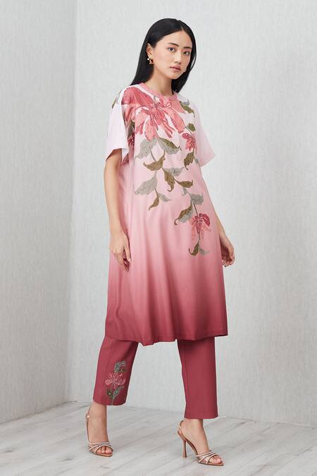 RANNA GILL_Pink Crinkle, Polyester Applique, Beads Round Velda Floral Tunic And Pant Set_Online_at_Aza_Fashions