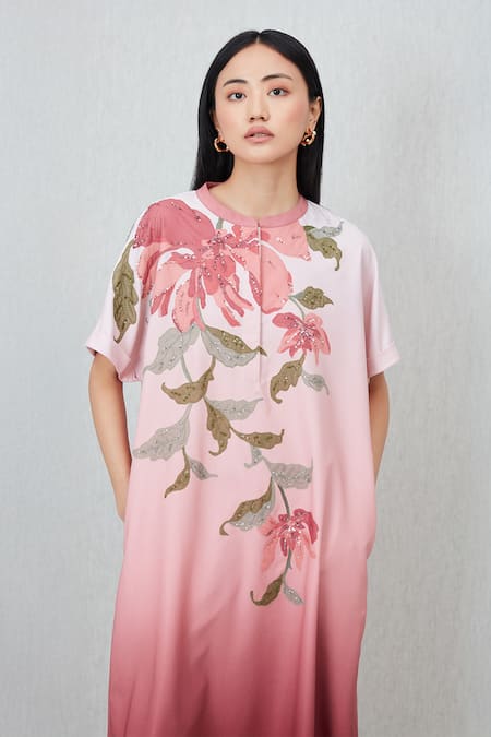 Buy_RANNA GILL_Pink Crinkle, Polyester Applique, Beads Round Velda Floral Tunic And Pant Set_Online_at_Aza_Fashions