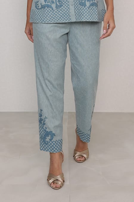 RANNA GILL_Sky Blue Round Neck Sovana Lattice And Floral Pattern Pant Co-ord Set_Online_at_Aza_Fashions