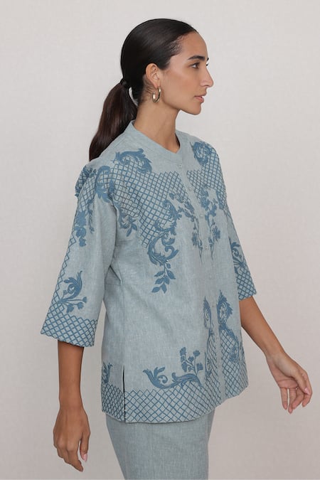 Buy_RANNA GILL_Sky Blue Round Neck Sovana Lattice And Floral Pattern Pant Co-ord Set_Online_at_Aza_Fashions
