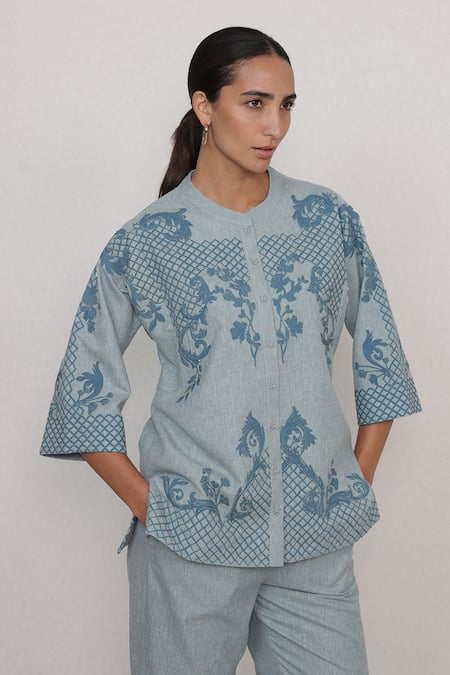 Shop_RANNA GILL_Sky Blue Round Neck Sovana Lattice And Floral Pattern Pant Co-ord Set_Online_at_Aza_Fashions