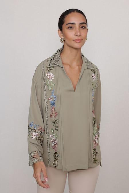 RANNA GILL_Olive Green Georgette Embroidery, Lace Collared Vinara Floral And Vines Top_Online_at_Aza_Fashions