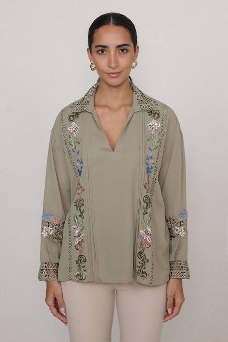 Buy_RANNA GILL_Olive Green Georgette Embroidery, Lace Collared Vinara Floral And Vines Top_Online_at_Aza_Fashions