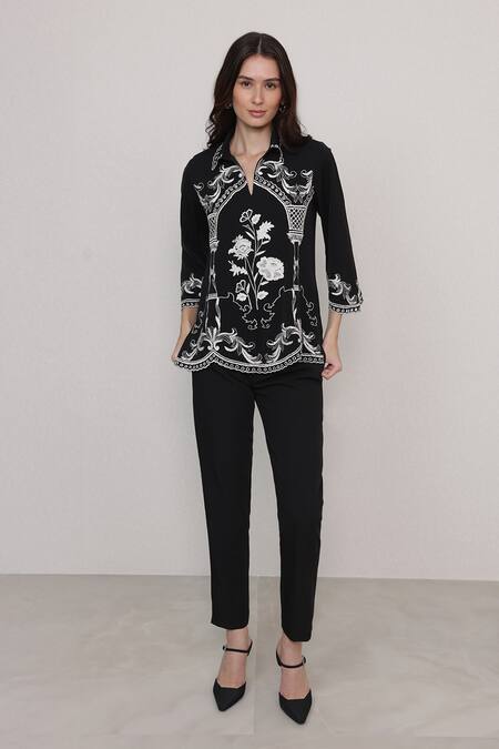 RANNA GILL_Black Crepe Embroidery Collared, Split V-neck Casa Floral Threadwork Top_Online_at_Aza_Fashions