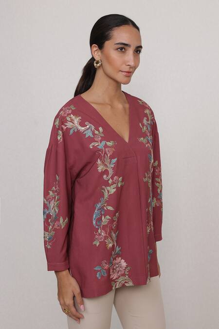 RANNA GILL_Rust Crinkle Embroidery V-neck Amber Top_Online_at_Aza_Fashions