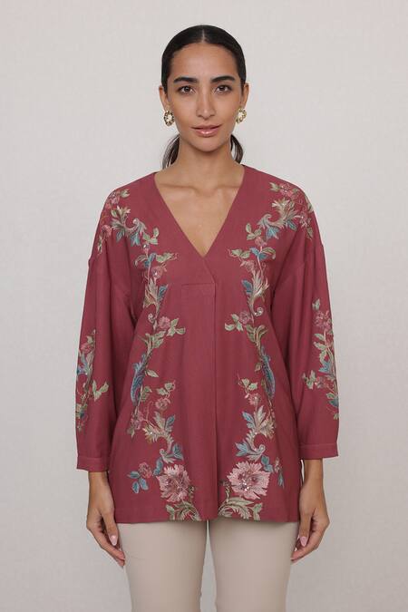 Buy_RANNA GILL_Rust Crinkle Embroidery V-neck Amber Top_Online_at_Aza_Fashions