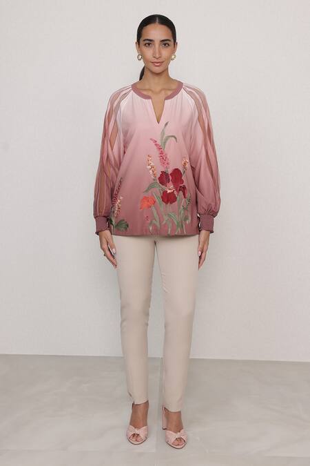 RANNA GILL_Pink Crepe Embroidery Keyhole Neck Olivi Tulips Top_Online_at_Aza_Fashions