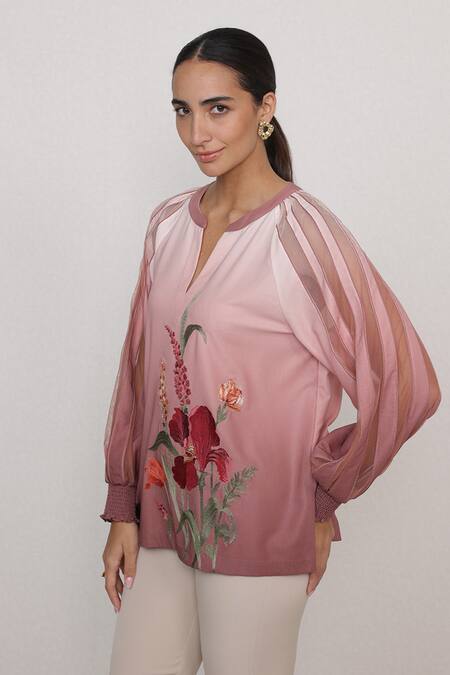 Buy_RANNA GILL_Pink Crepe Embroidery Keyhole Neck Olivi Tulips Top_Online_at_Aza_Fashions