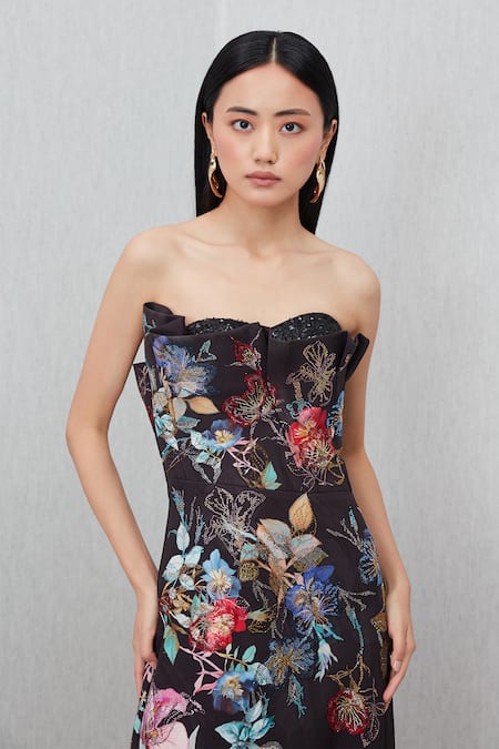 RANNA GILL_Black Viscose, Jacquard Sequins, Embroidery Sera Floral Print Strapless Gown_at_Aza_Fashions