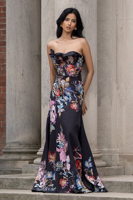 Buy_RANNA GILL_Black Viscose, Jacquard Sequins, Embroidery Sera Floral Print Strapless Gown