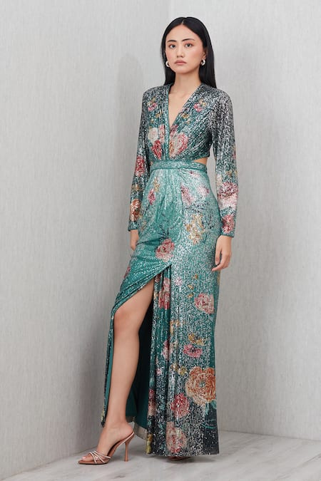 RANNA GILL_Teal Polyester Sequins V-neck Nora Floral Print Gown_Online_at_Aza_Fashions