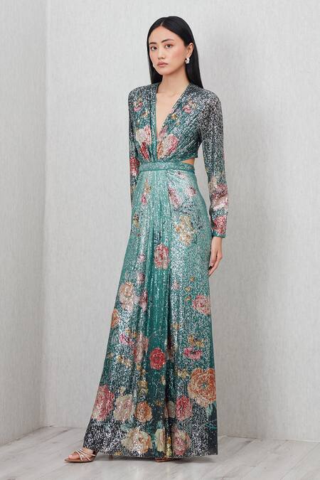 Buy_RANNA GILL_Teal Polyester Sequins V-neck Nora Floral Print Gown_Online_at_Aza_Fashions