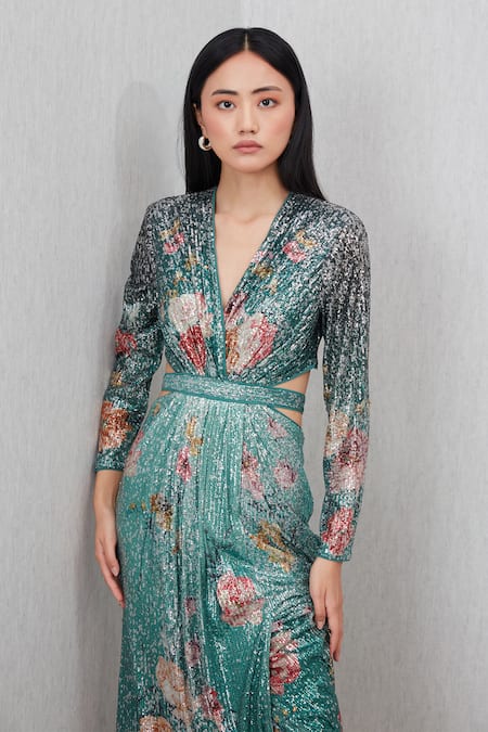 Shop_RANNA GILL_Teal Polyester Sequins V-neck Nora Floral Print Gown_Online_at_Aza_Fashions