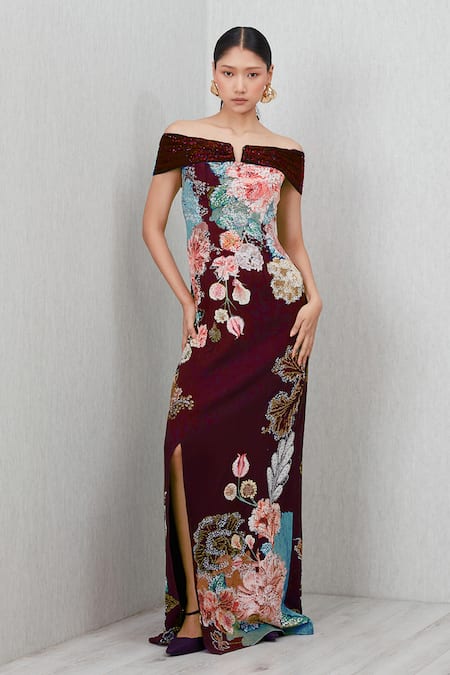 Buy RANNA GILL Wine Crepe Sequins, Embroidery Glen Floral Print Thigh-high Slit Gown at Aza Fashions Buy_RANNA GILL_Wine Crepe Sequins, Embroidery Glen Floral Print Thigh-high Slit Gown_at_Aza_Fashions