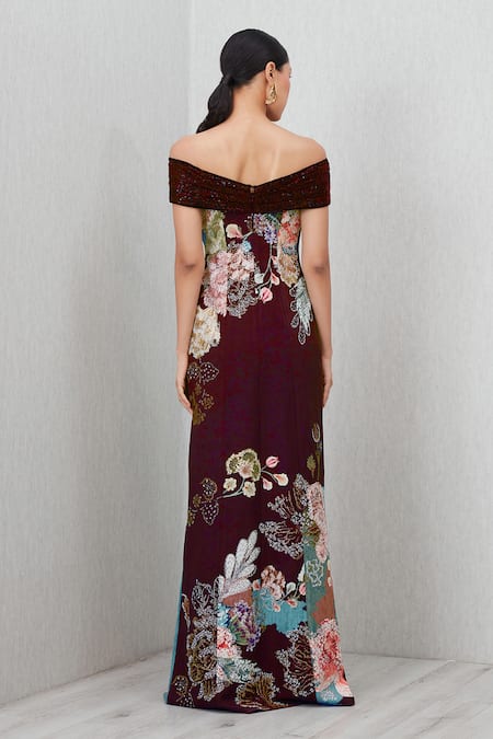 Shop RANNA GILL Wine Crepe Sequins, Embroidery Glen Floral Print Thigh-high Slit Gown at Aza Fashions Shop_RANNA GILL_Wine Crepe Sequins, Embroidery Glen Floral Print Thigh-high Slit Gown_at_Aza_Fashions