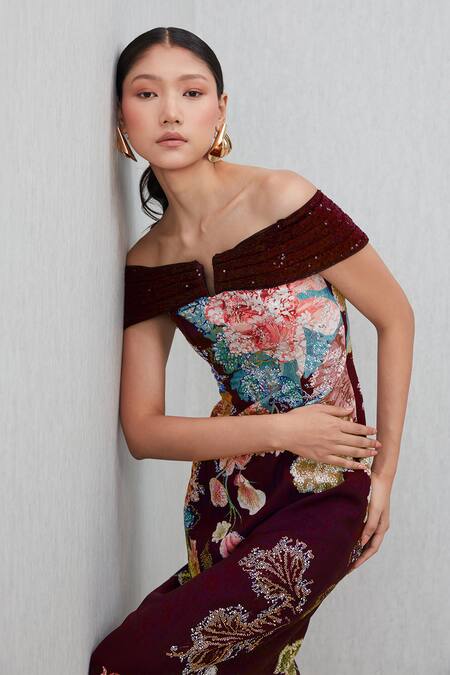 RANNA GILL Wine Crepe Sequins, Embroidery Glen Floral Print Thigh-high Slit Gown Online at Aza Fashions RANNA GILL_Wine Crepe Sequins, Embroidery Glen Floral Print Thigh-high Slit Gown_Online_at_Aza_Fashions