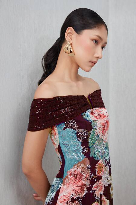 Buy RANNA GILL Wine Crepe Sequins, Embroidery Glen Floral Print Thigh-high Slit Gown Online at Aza Fashions Buy_RANNA GILL_Wine Crepe Sequins, Embroidery Glen Floral Print Thigh-high Slit Gown_Online_at_Aza_Fashions