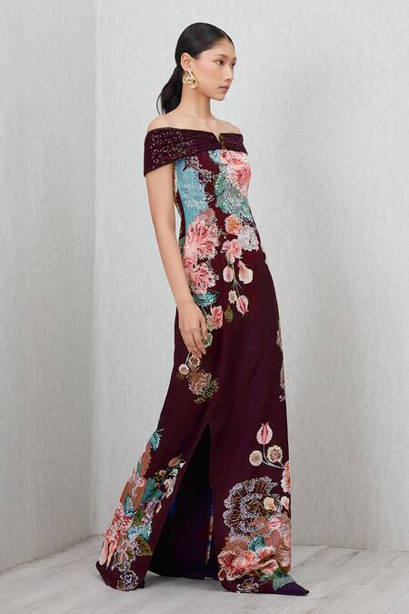 Shop RANNA GILL Wine Crepe Sequins, Embroidery Glen Floral Print Thigh-high Slit Gown Online at Aza Fashions Shop_RANNA GILL_Wine Crepe Sequins, Embroidery Glen Floral Print Thigh-high Slit Gown_Online_at_Aza_Fashions