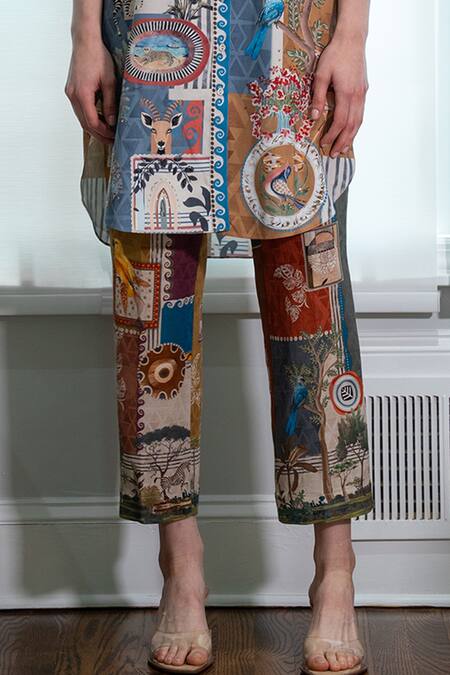 Buy_RANNA GILL_Beige Collared Sunvale Printed Tunic And Pant Co-ord Set_Online_at_Aza_Fashions