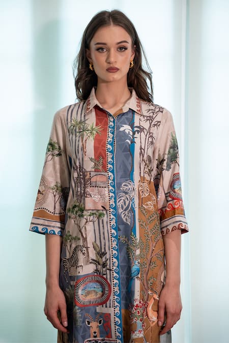 Shop_RANNA GILL_Beige Collared Sunvale Printed Tunic And Pant Co-ord Set_Online_at_Aza_Fashions