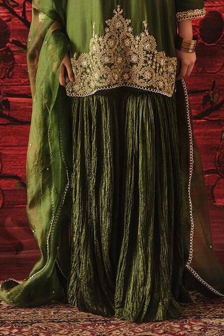 Shalkii_Green Silk, Organza Embroidery, Sequins, Pearls, Zari Split Kurta Gharara Set _Online_at_Aza_Fashions