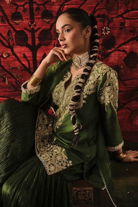 Buy_Shalkii_Green Silk, Organza Embroidery, Sequins, Pearls, Zari Split Kurta Gharara Set _Online_at_Aza_Fashions
