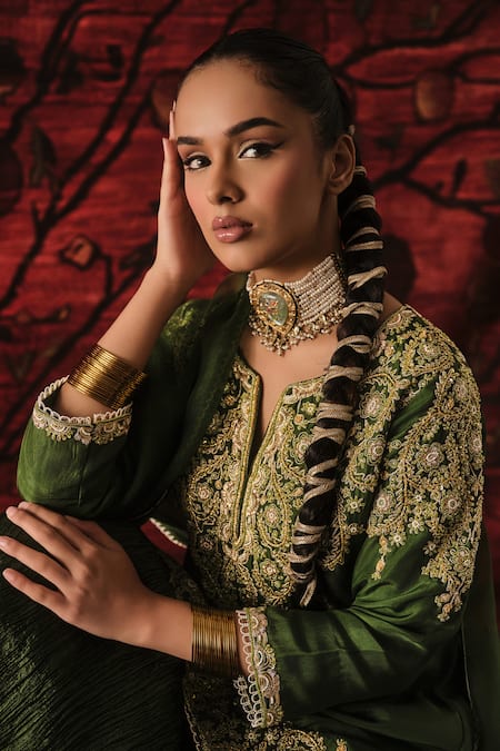 Shop_Shalkii_Green Silk, Organza Embroidery, Sequins, Pearls, Zari Split Kurta Gharara Set _Online_at_Aza_Fashions