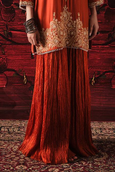 Shalkii_Orange Silk, Organza Embroidery, Sequins, Pearls, Zari Short Kurta And Gharara Set _Online_at_Aza_Fashions