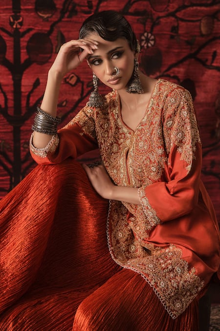 Shop_Shalkii_Orange Silk, Organza Embroidery, Sequins, Pearls, Zari Short Kurta And Gharara Set _Online_at_Aza_Fashions
