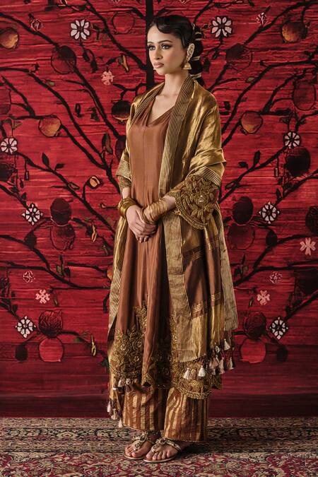 Shalkii_Brown Silk, Tissue Embroidery, Sequins, Pearls, Zari, Tassels Kalidaar Kurta Set _Online_at_Aza_Fashions