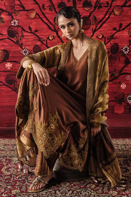 Buy_Shalkii_Brown Silk, Tissue Embroidery, Sequins, Pearls, Zari, Tassels Kalidaar Kurta Set _Online_at_Aza_Fashions