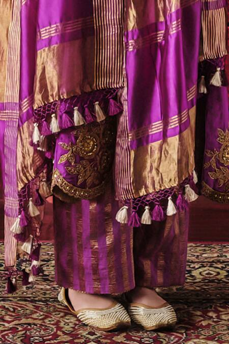 Shalkii_Purple Silk, Tissue Embroidery, Sequins, Kalidaar Kurta And Striped Pant Set _Online_at_Aza_Fashions