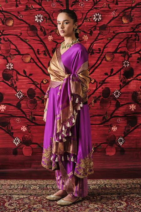 Shop_Shalkii_Purple Silk, Tissue Embroidery, Sequins, Kalidaar Kurta And Striped Pant Set _Online_at_Aza_Fashions
