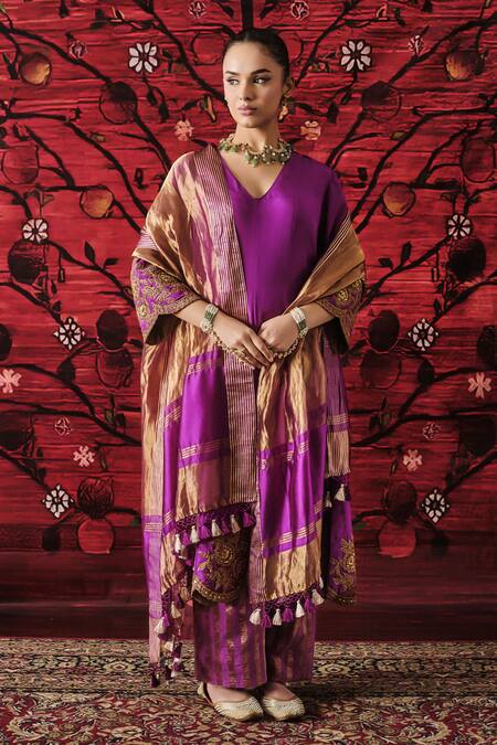 Shalkii_Purple Silk, Tissue Embroidery, Sequins, Kalidaar Kurta And Striped Pant Set _at_Aza_Fashions