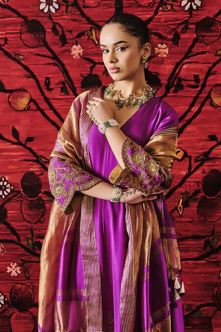 Buy_Shalkii_Purple Silk, Tissue Embroidery, Sequins, Kalidaar Kurta And Striped Pant Set 