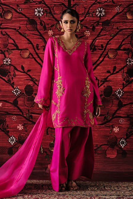 Shop_Shalkii_Pink Silk, Brocade Embroidery, Pearls V-neck Kurta Farshi Salwar Set _Online_at_Aza_Fashions